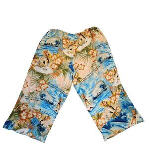 Jams World Pants Womens Large Beach Hawaiian Art Retro Floral Wide Leg Capri